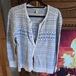 L.L. Bean Women's Nordic Blue and White Cardigan Size LARGE